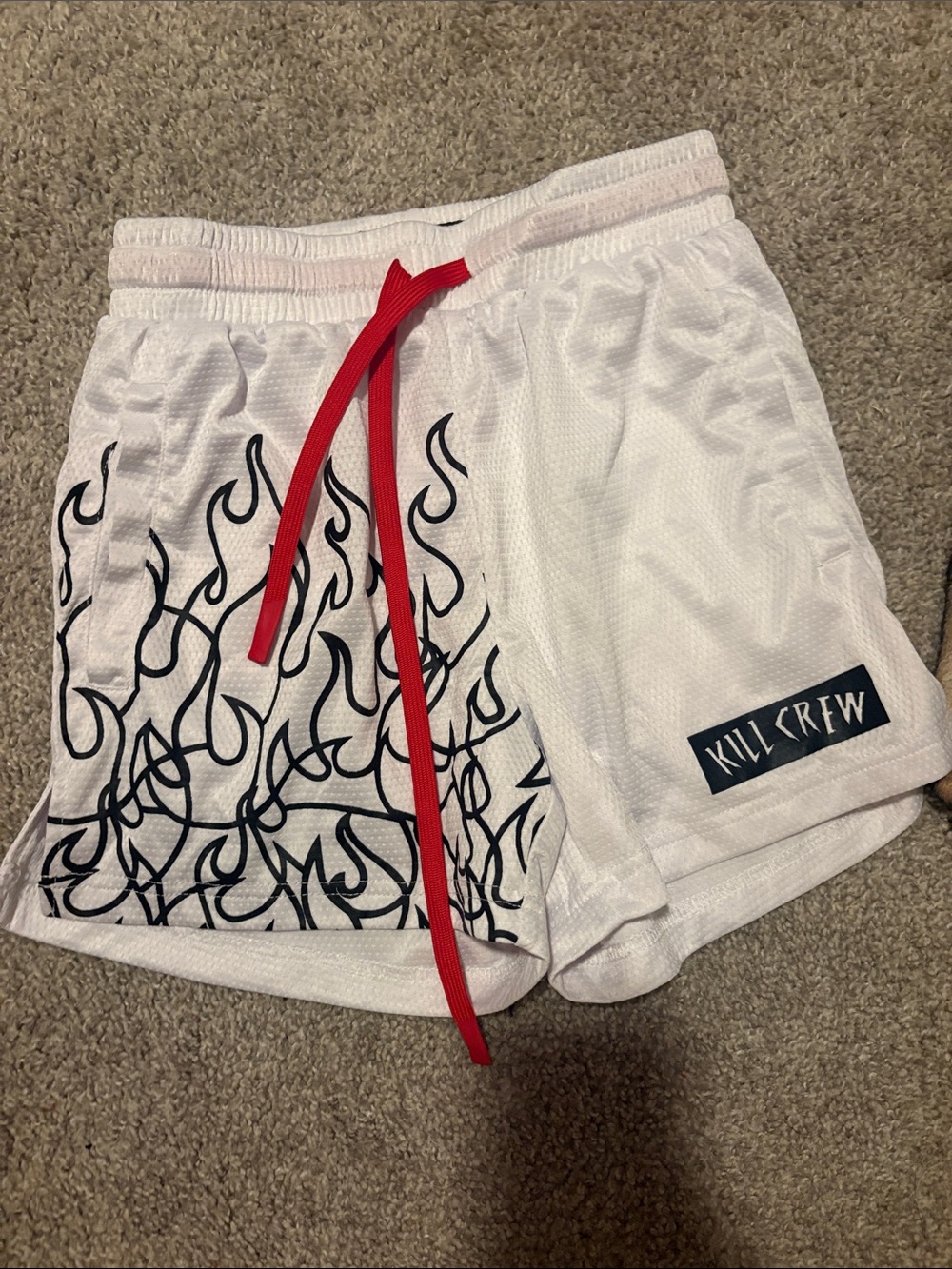 Kill Crew White Mesh Shorts with Black Flame Print and Red Drawstring
